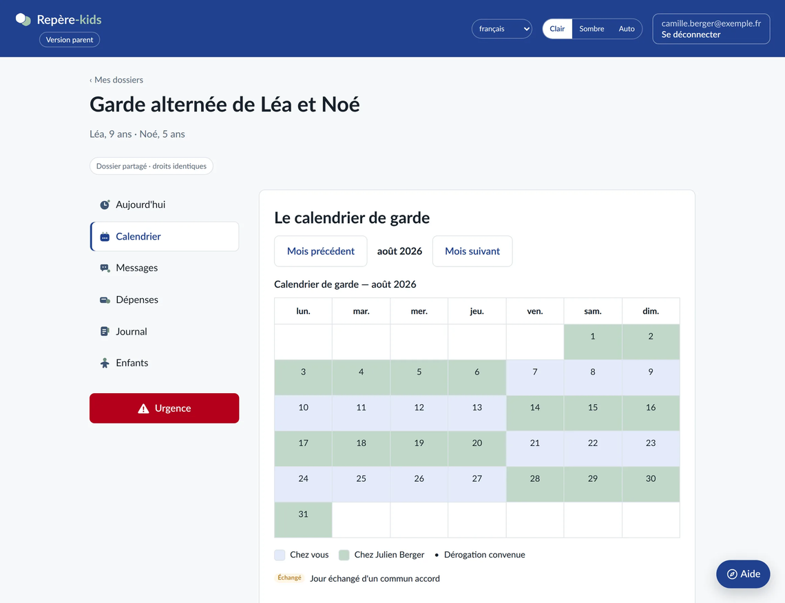 L'application Repère-kids en vue calendrier — le planning de garde d'un dossier partagé, sur données fictives